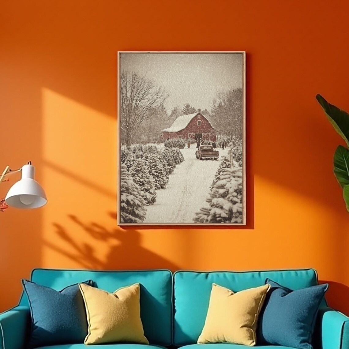 Snowy Red Barn Christmas Tree Farm With Vintage Truck Holiday Poster