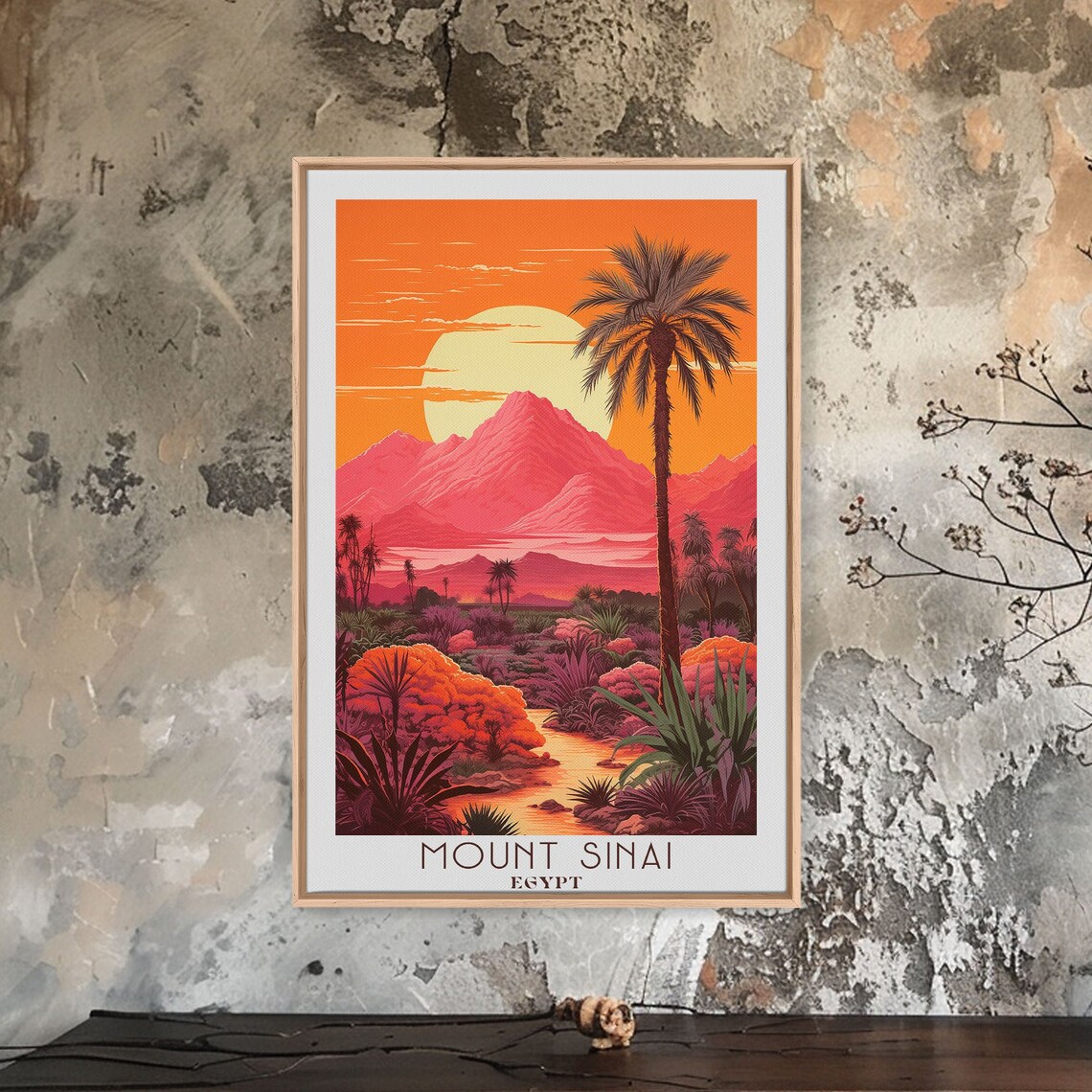 Mount Sinai Egypt Bold Retro Sunset Palm Mountain Landscape Art Poster - Image 4
