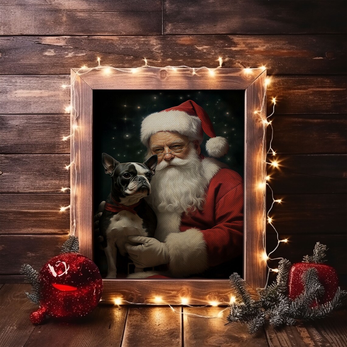 Santa Claus and Boston Terrier Christmas Art Print