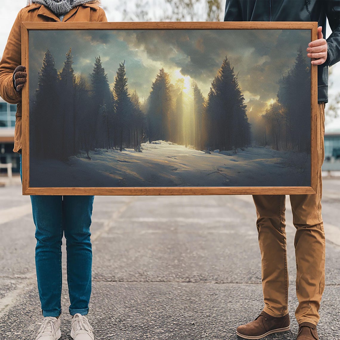 Snowy Pine Forest Sunbeam Winter Landscape Moody Nature Wall Poster - Image 3