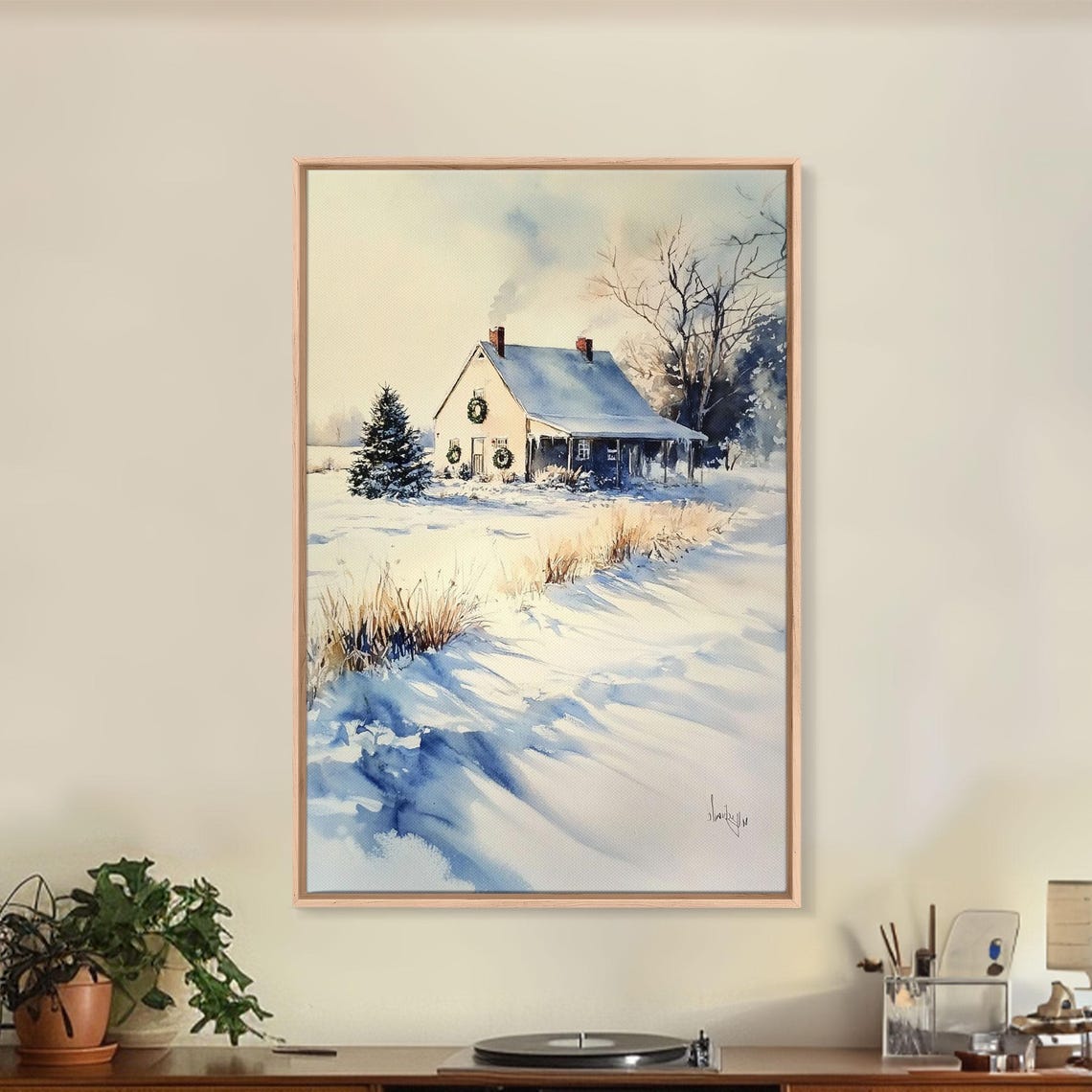 Snowy Farmhouse With Wreaths In Winter Morning Light Landscape Poster - Image 2