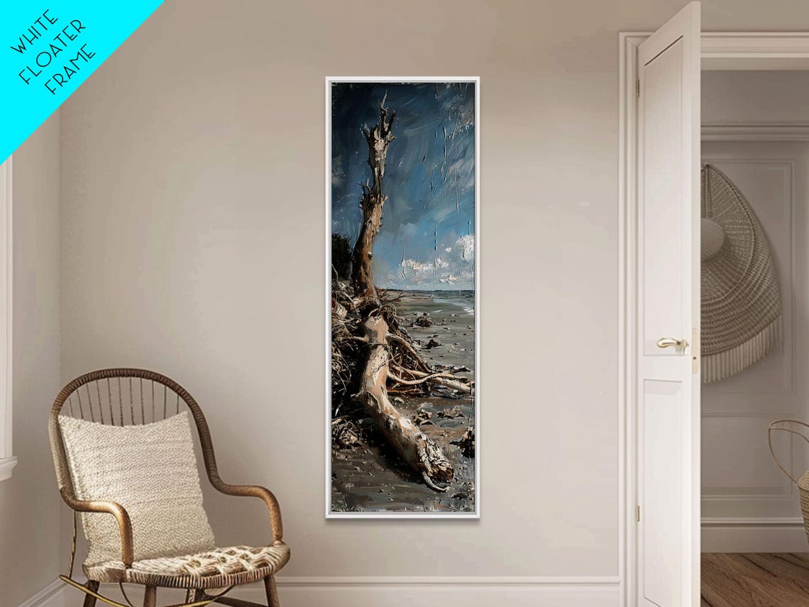 Driftwood Tree Trunk Sandy Beach Calm Ocean Coastal Scene Poster - Image 3
