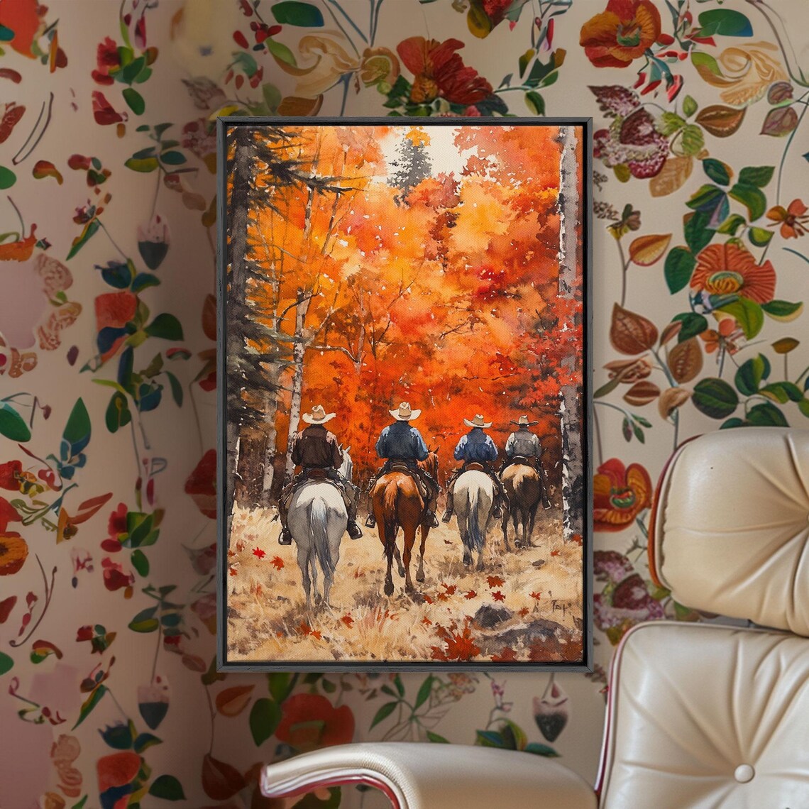 Four Cowboys Riding Horses Through Fiery Autumn Forest Fall Poster - Image 3