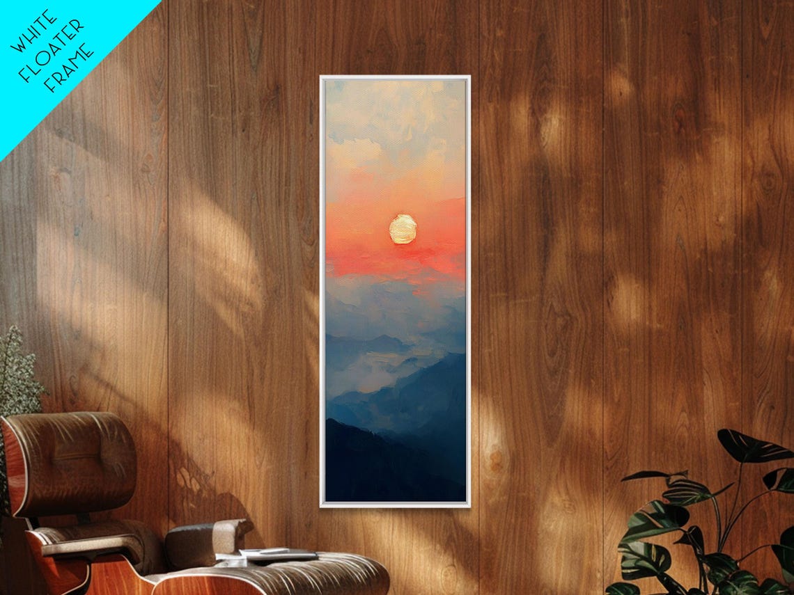 Sunset Over Layered Mountains Coral Sun Misty Peaks Wall Art - Image 5