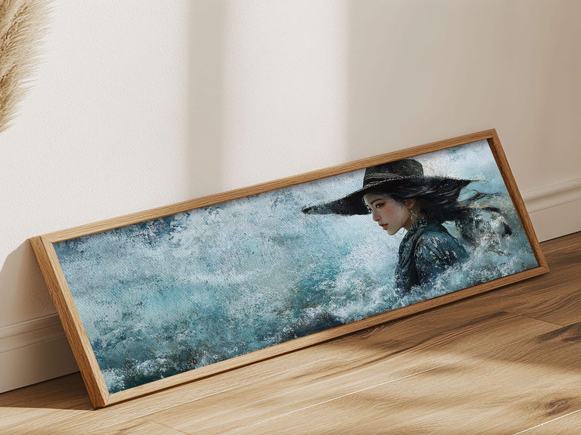 Ocean Woman Wide Brim Hat Waves Painting Coastal Blue Wall Poster - Image 4