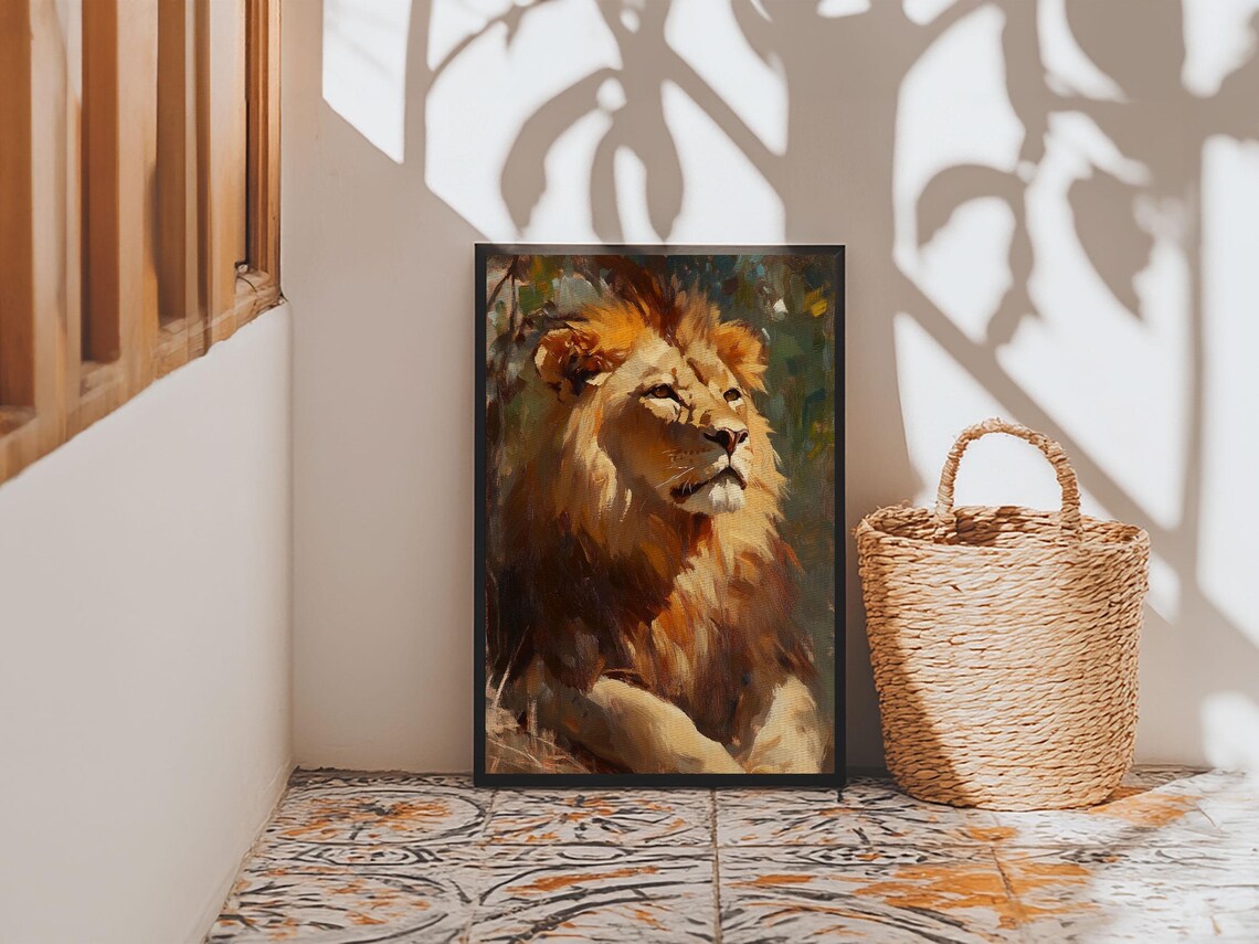 Regal Lion Portrait Oil Painting Warm Golden Wildlife Art Print - Image 5