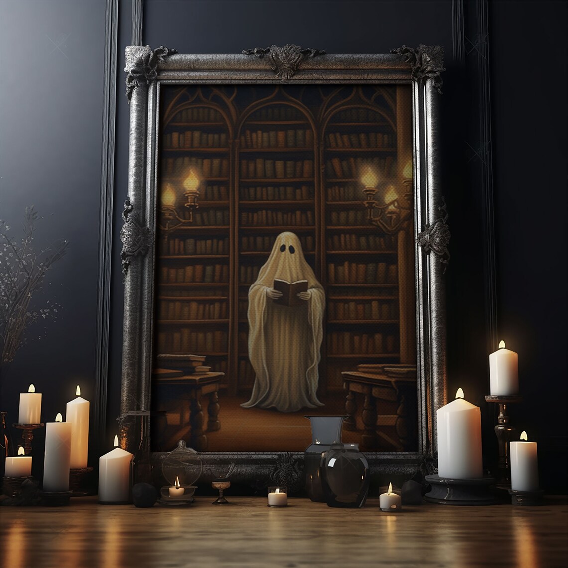 Spooky Bookshop Ghost Halloween Wall Art Print - Image 4