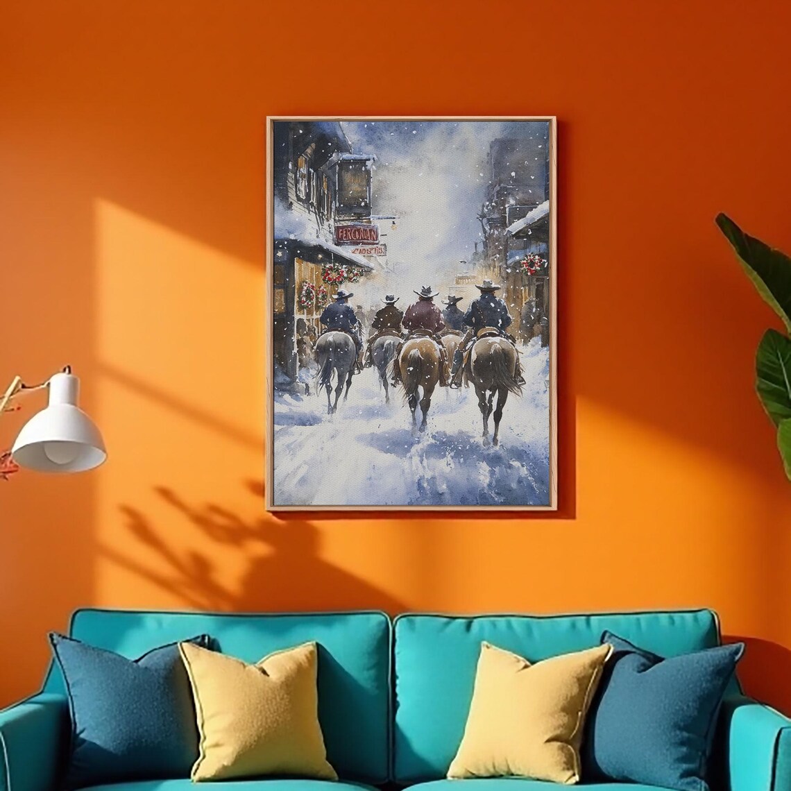 Cowboys Riding Into Snowy Western Town At Christmas Time Poster - Image 3
