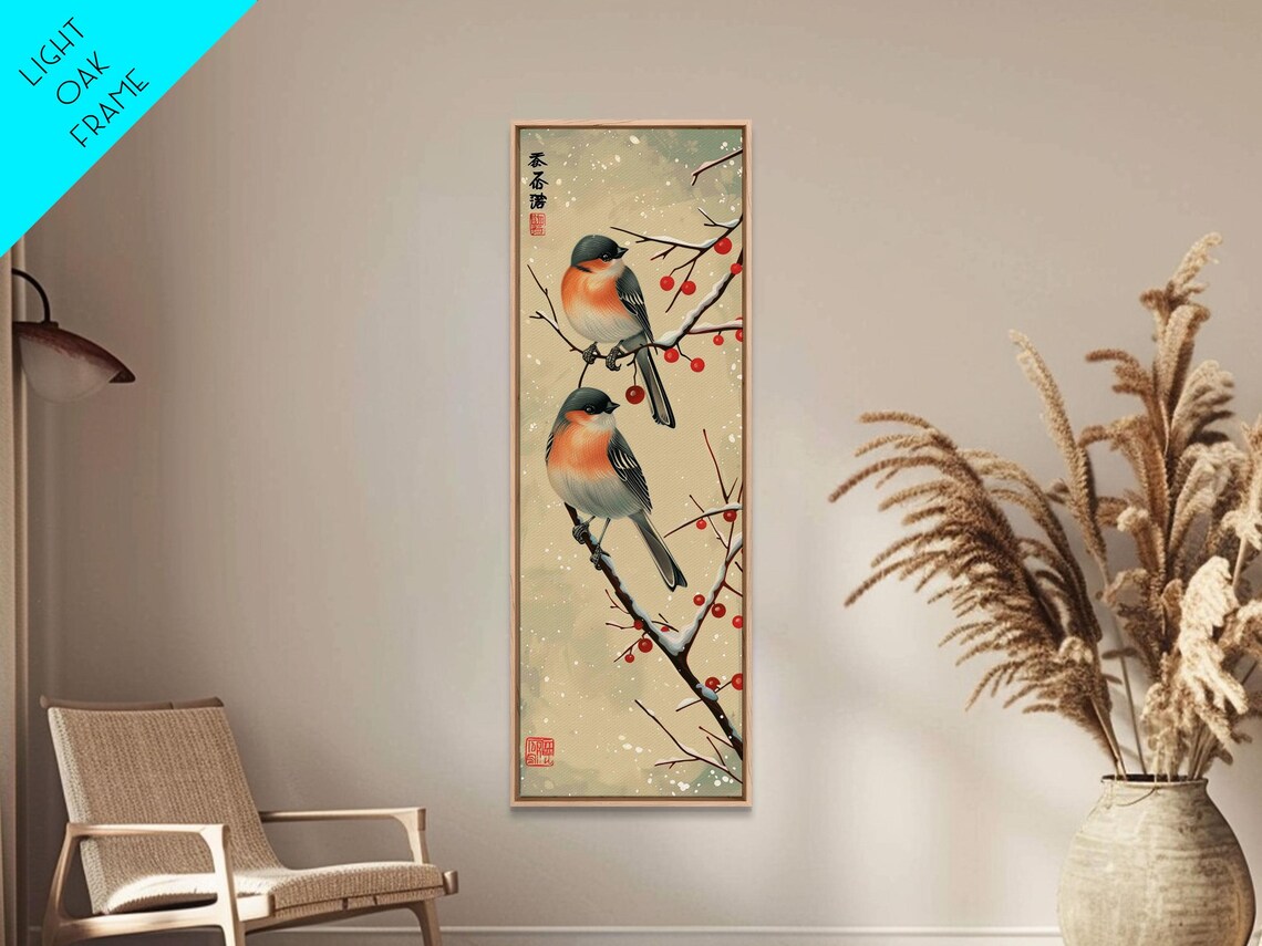 Pair Of Birds On Snowy Branches Red Berries Winter Art Print - Image 4