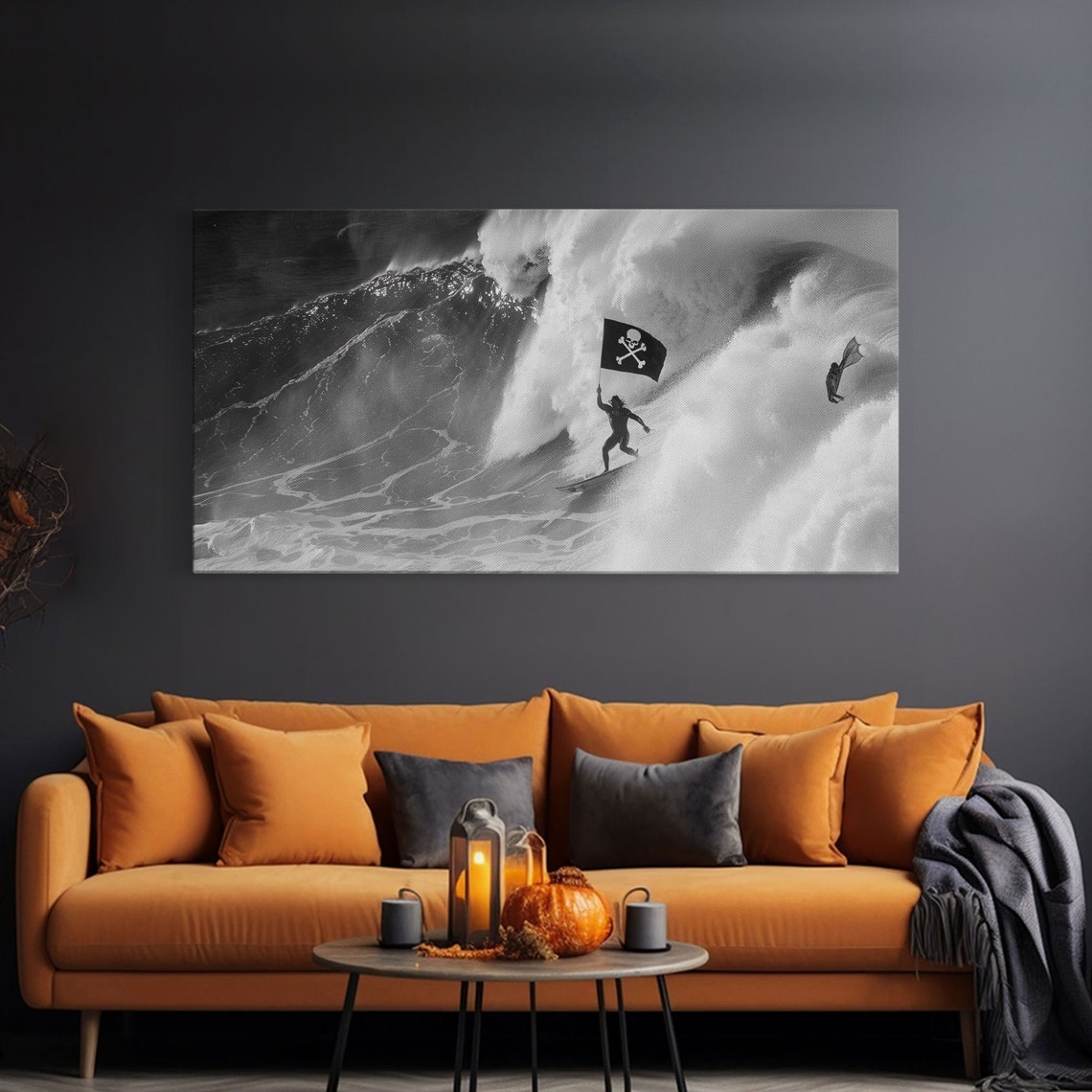 Surfer Waving Skull Flag Riding Huge Wave Black White Photo Print - Image 3