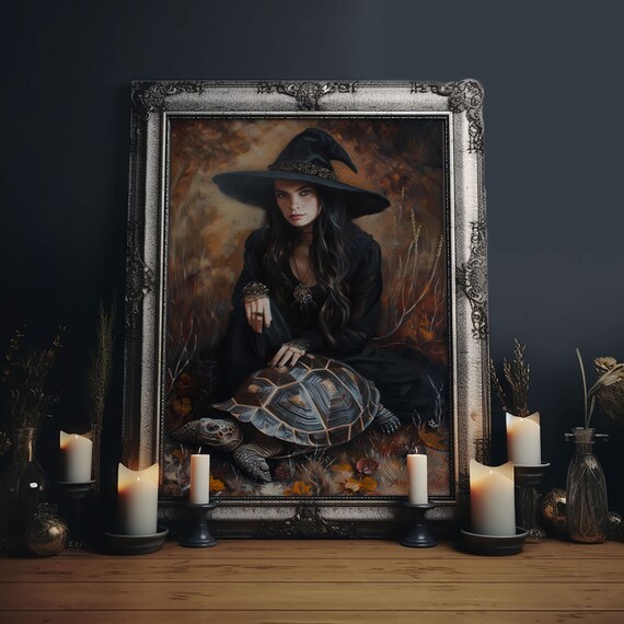 Witch And Tortoise In Autumn Forest Enchanting Dark Fantasy Art Poster