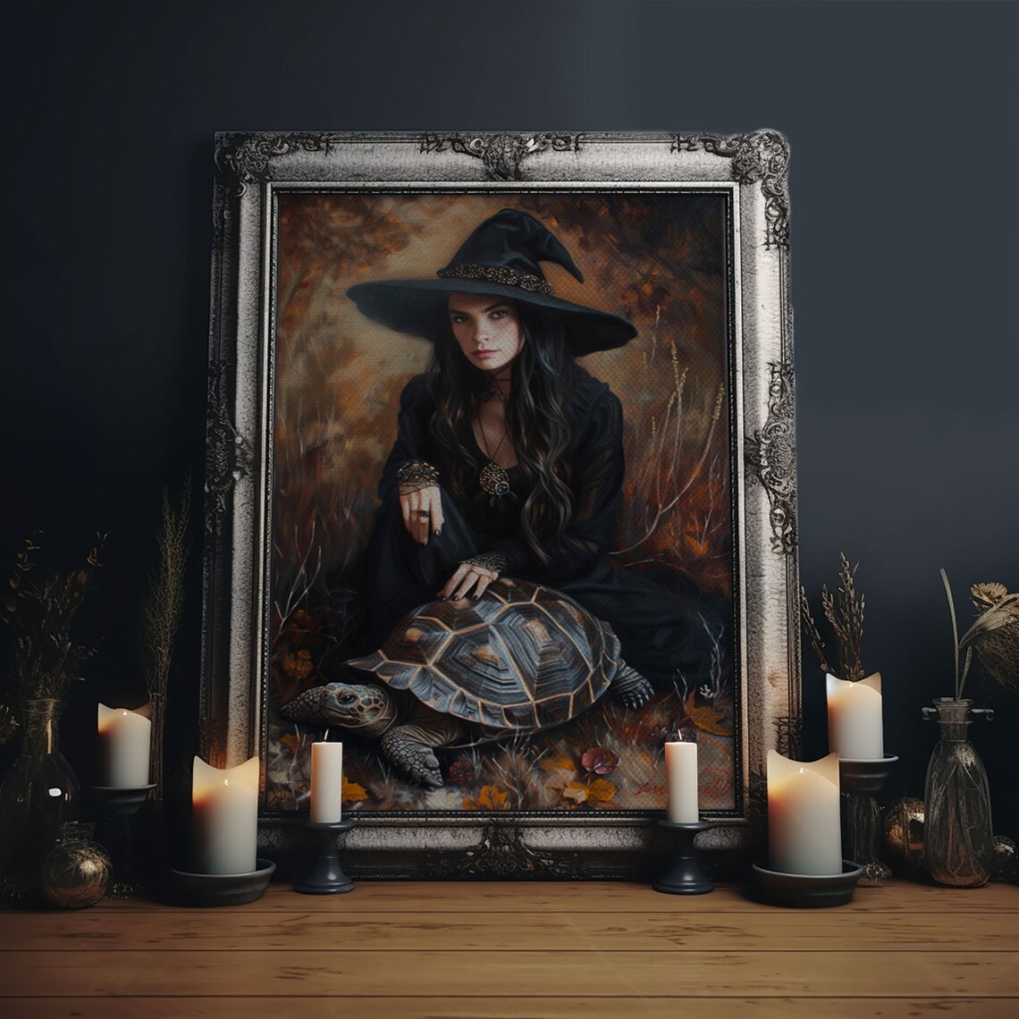 Witch And Tortoise In Autumn Forest Enchanting Dark Fantasy Art Poster
