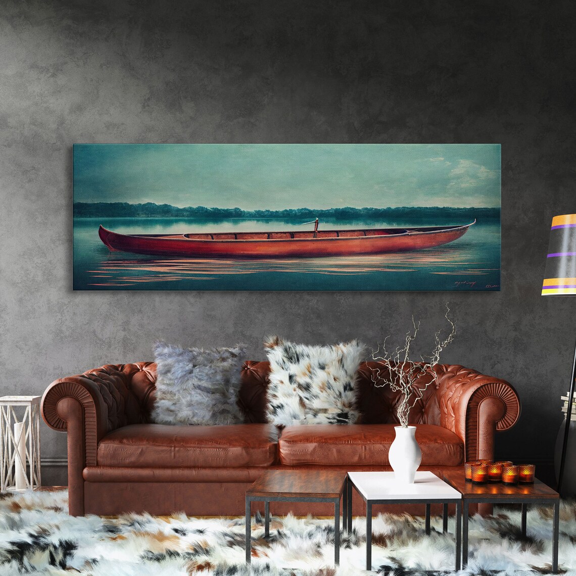Cool Lakehouse Watercolor Canoe On The Lake Art Print - Image 3