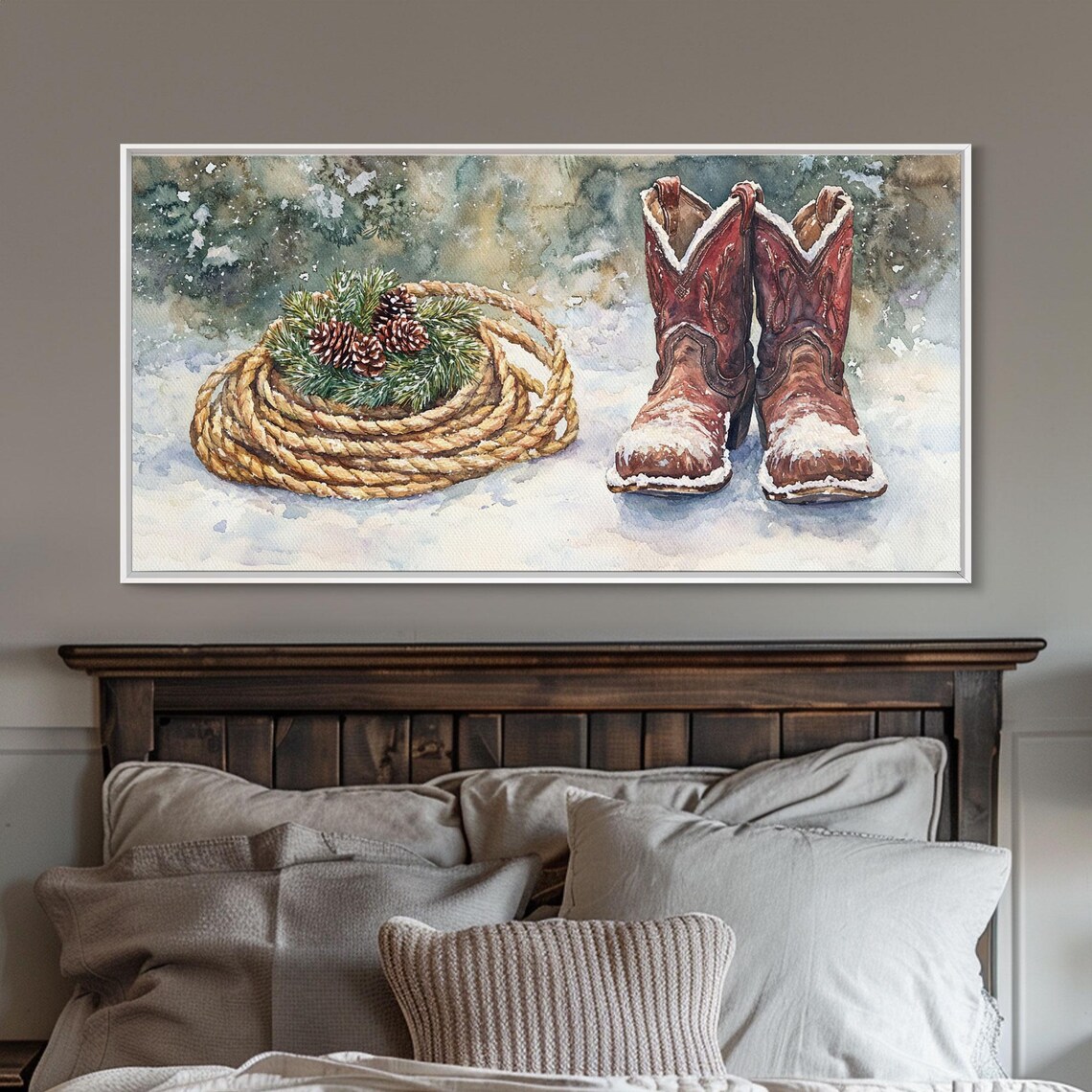 Cowboy Boots Lasso Pine Cones Snow Western Christmas Art Print