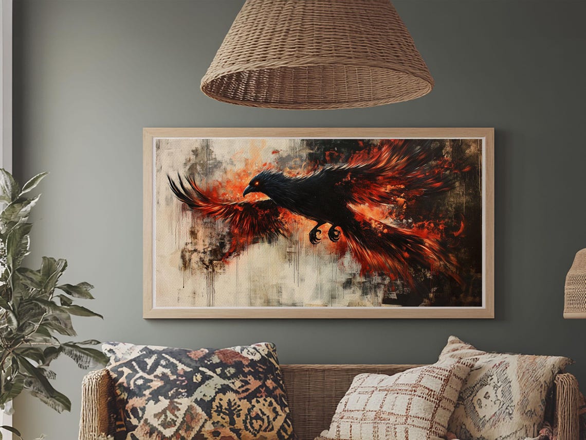 Black Phoenix Rising In Fiery Red Wings Graffiti Style Art Poster - Image 6