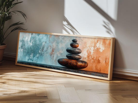 Textured Zen Framed Print Sand Patterns Stacked Stones Modern Wabi Sabi Minimalist Decor Bedroom Art Idea
