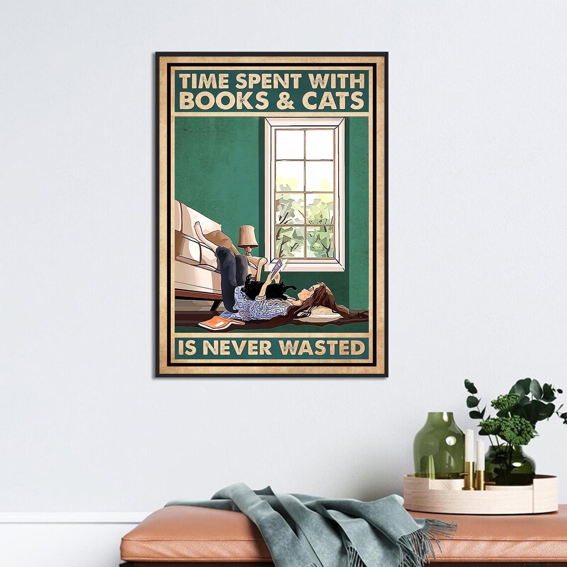 Time Spent With Books And Cats Is Never Wasted Cozy Vintage Reader Poster - Image 2