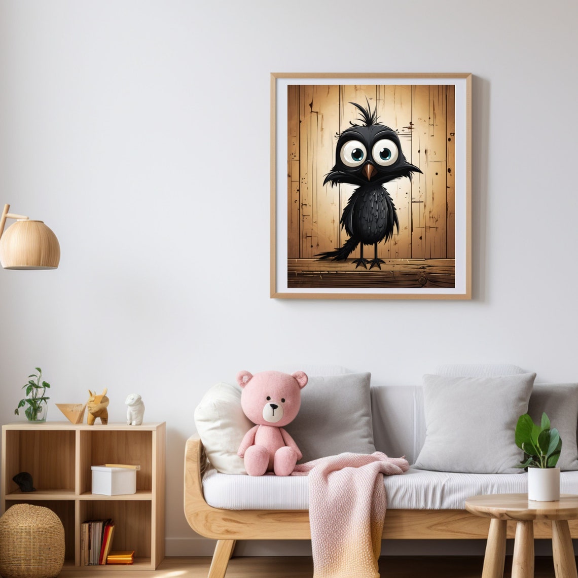 Big-Eyed Cartoon Magpie Rustic Wood Background Funny Bird Poster