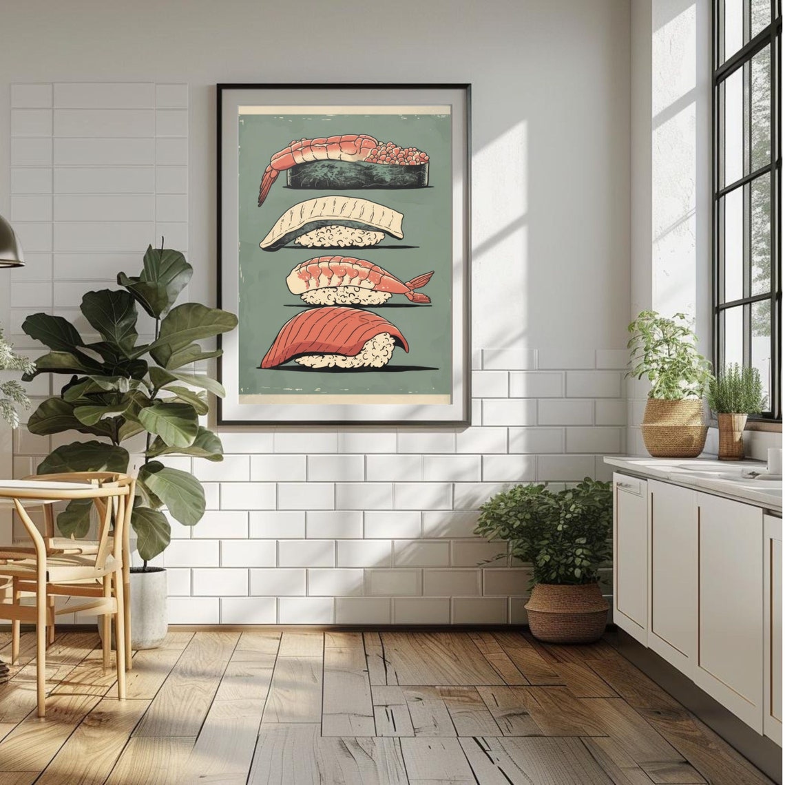 Retro Japanese Sushi Nigiri Illustration Kitchen Decor Art Poster