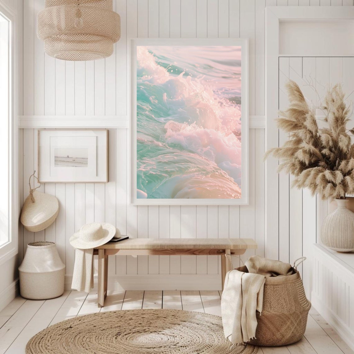 Pastel Pink Mint Ocean Wave Crash Art for Beach Nursery Poster