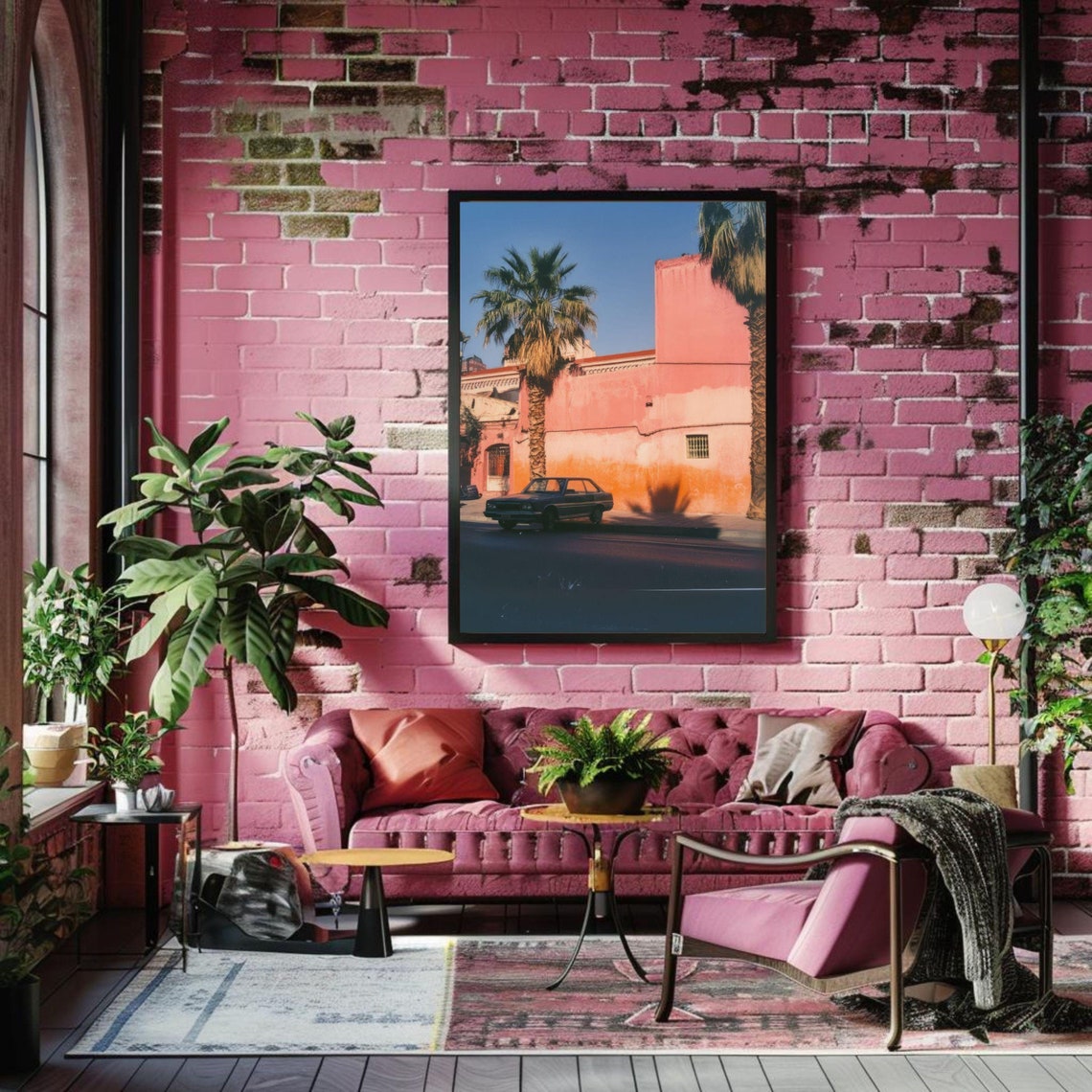 Morocco Marrakech Street With Vintage Car Palm Tree Photo Poster
