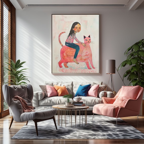 Girl Riding Giant Pink Cat Whimsical Illustration Art Poster