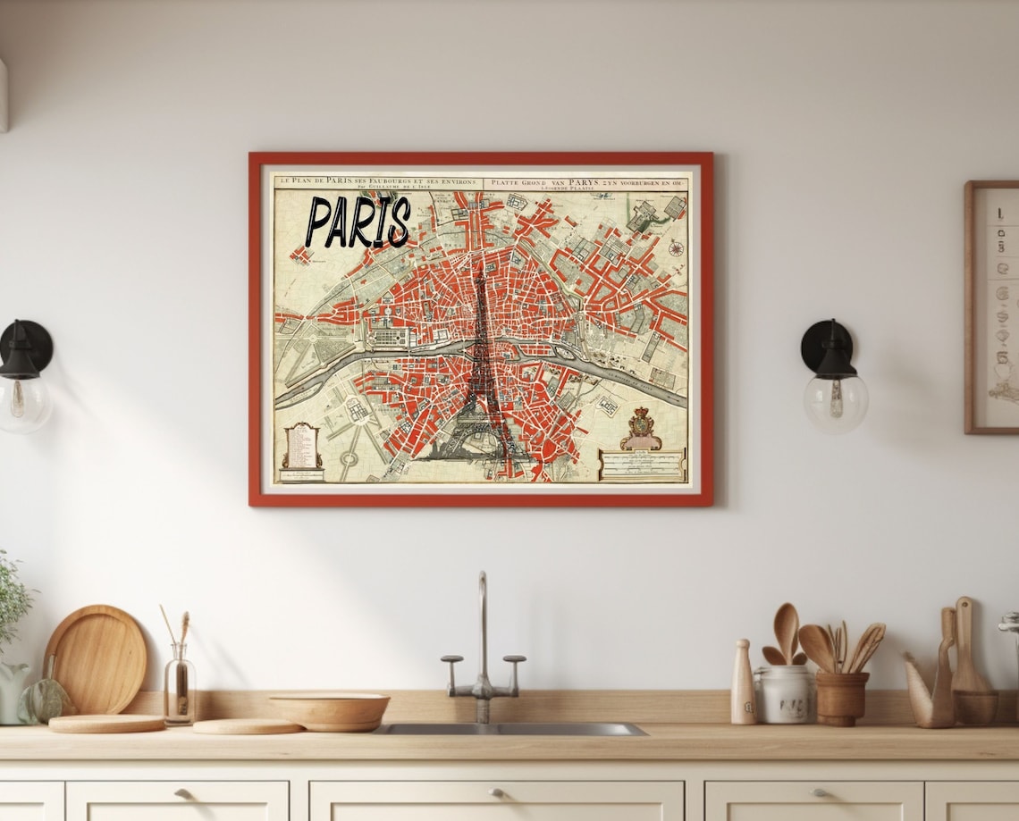 Antique Paris City Map with Red Streets Vintage Travel Poster