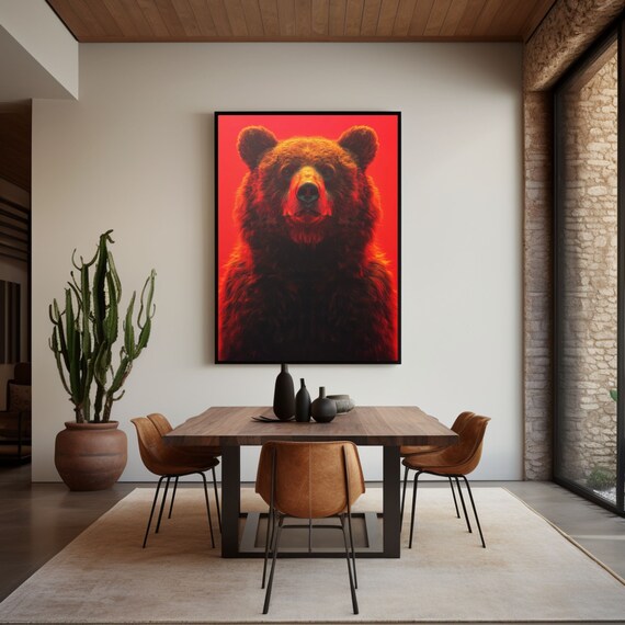 Majestic Grizzly Bear Portrait on Bold Red Background Poster