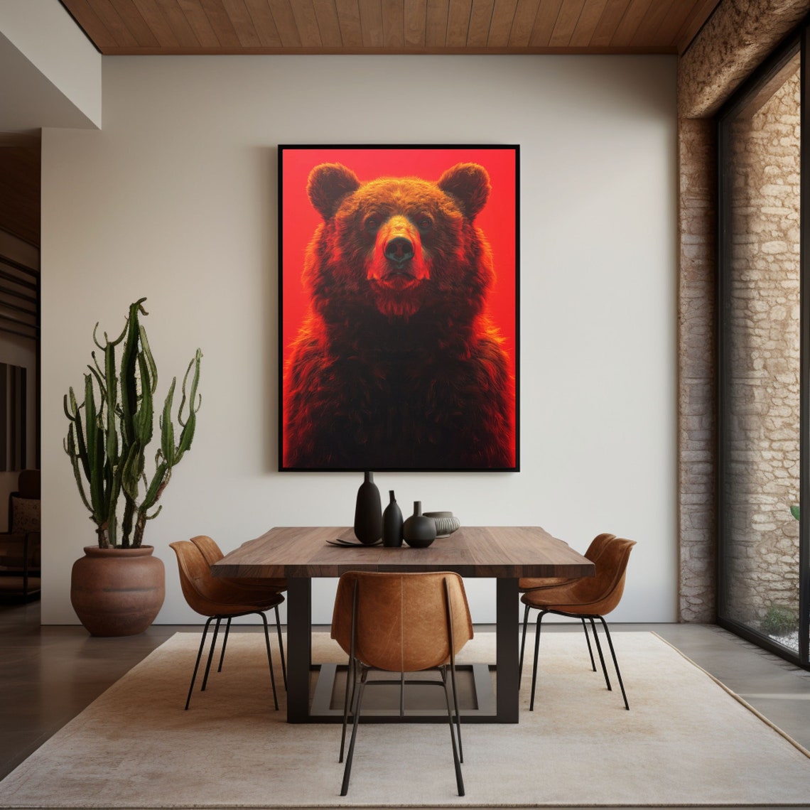 Majestic Grizzly Bear Portrait on Bold Red Background Poster