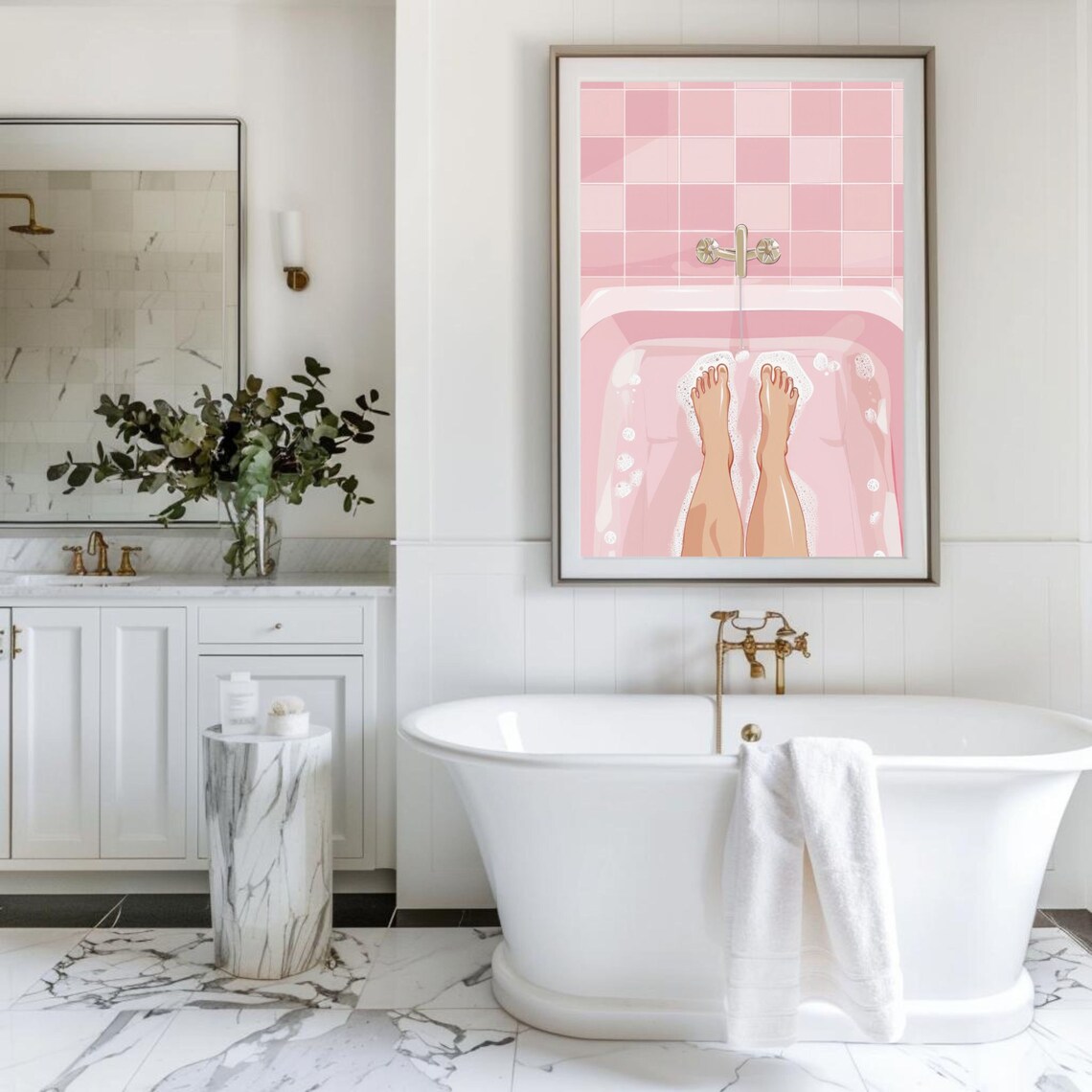 Pink Bath Feet Print, Cute Bathroom Wall Art Poster