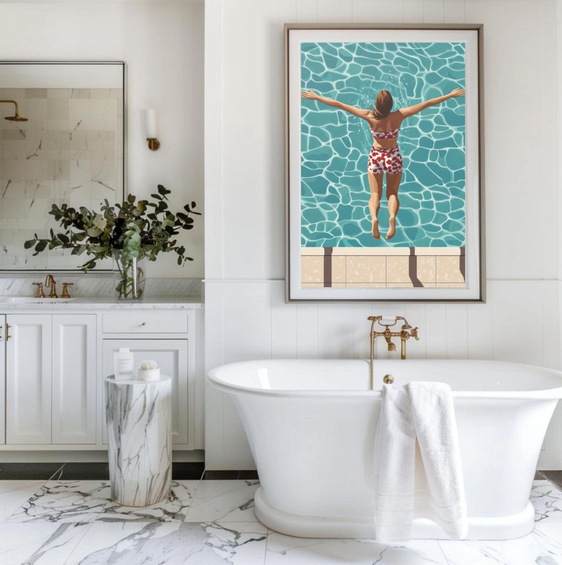 Woman Diving Into Turquoise Pool Bright Retro Summer Swim Wall Art