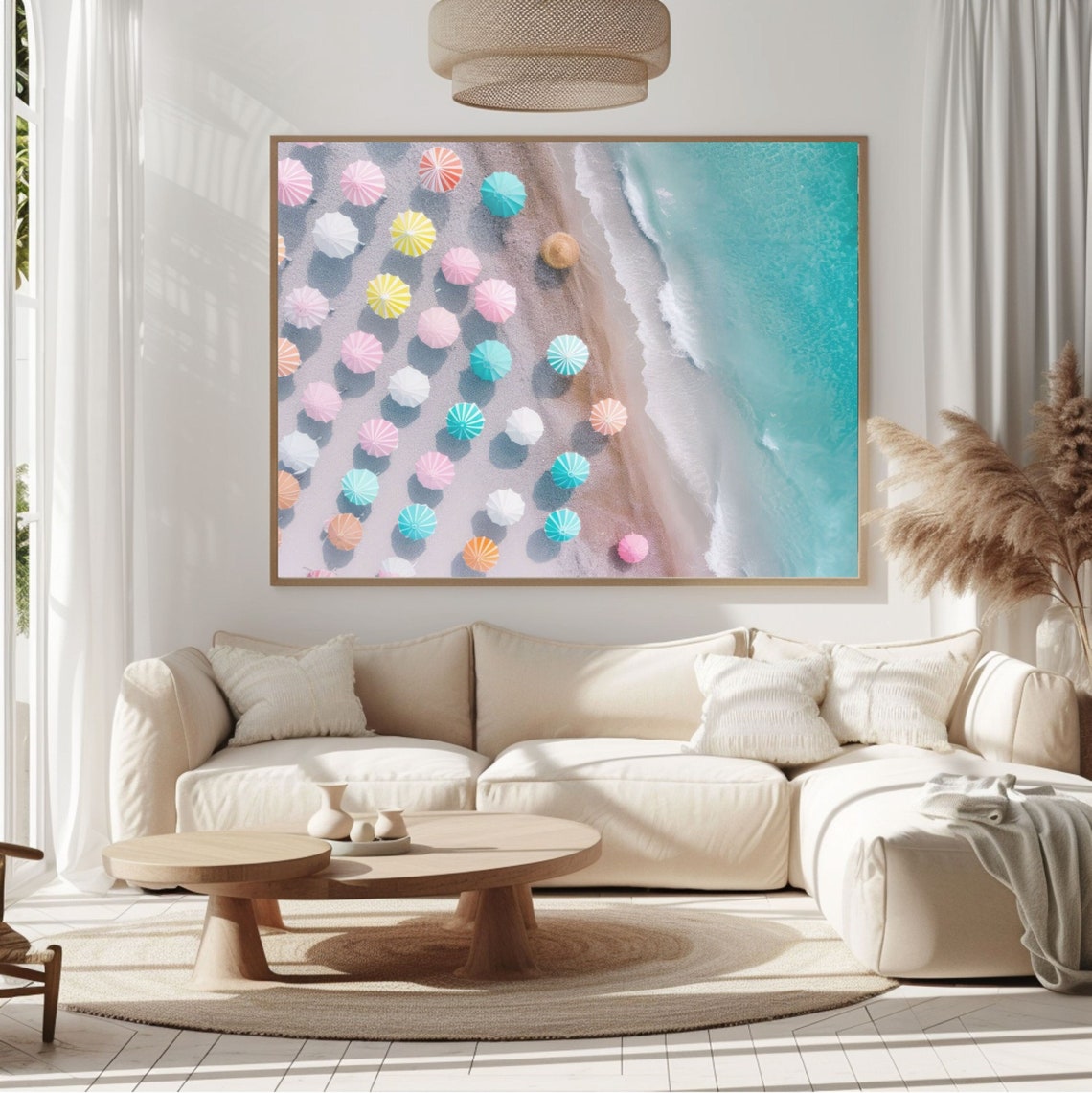 Aerial Beach View With Colorful Pastel Umbrellas on Sand Poster