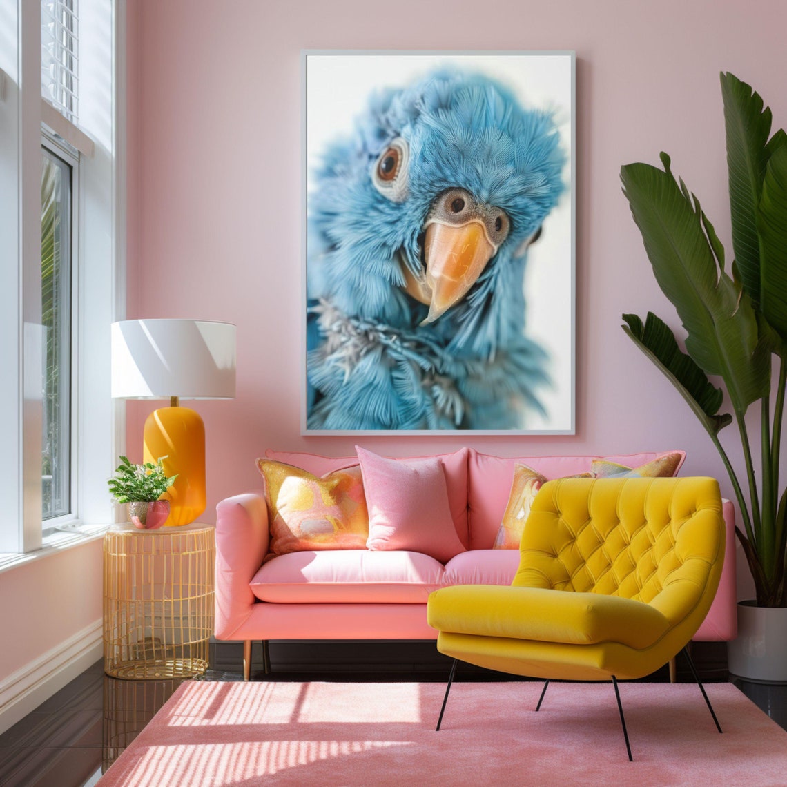 Close-Up Portrait of a Fluffy Blue Parrot Staring Curiously Poster