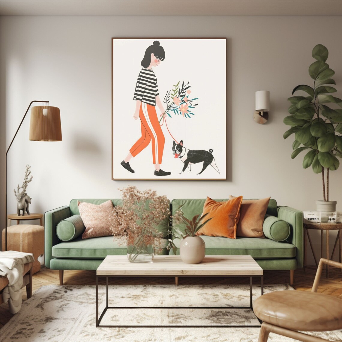 Girl Walking Her French Bulldog Holding Flowers Modern Poster