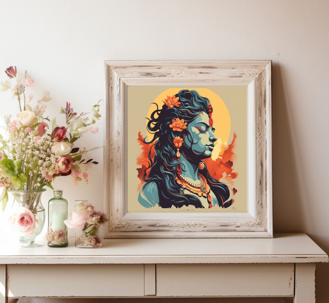 Modern Lord Shiva Portrait with Floral Hair Sunset Hues Poster