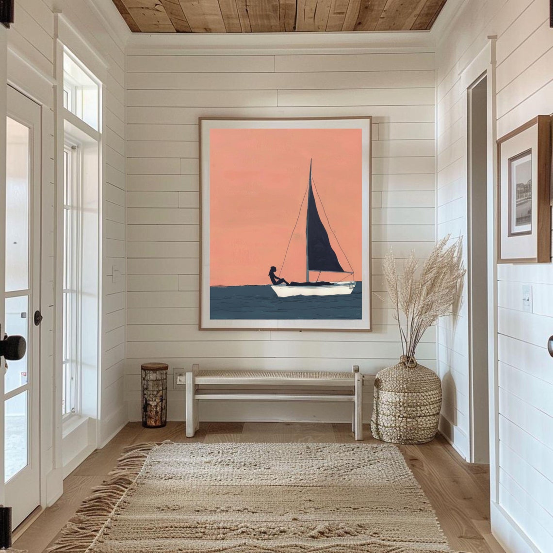 Minimalist White Sailboat at Sunset Peach Sky Coastal Art Poster