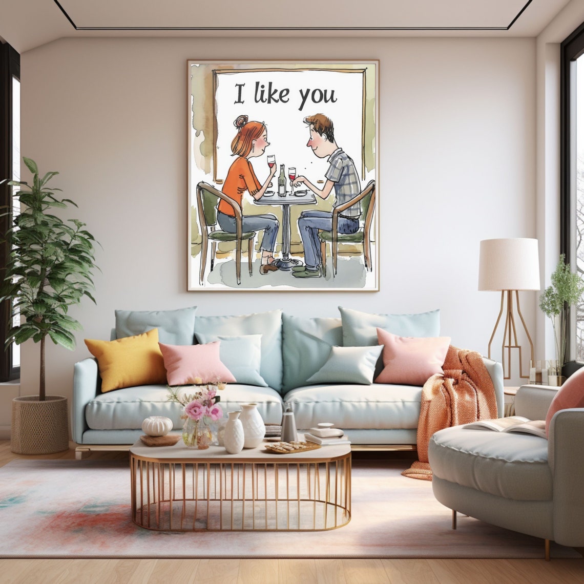 I Like You Happy Couple At Dinner Watercolor Love Art Poster