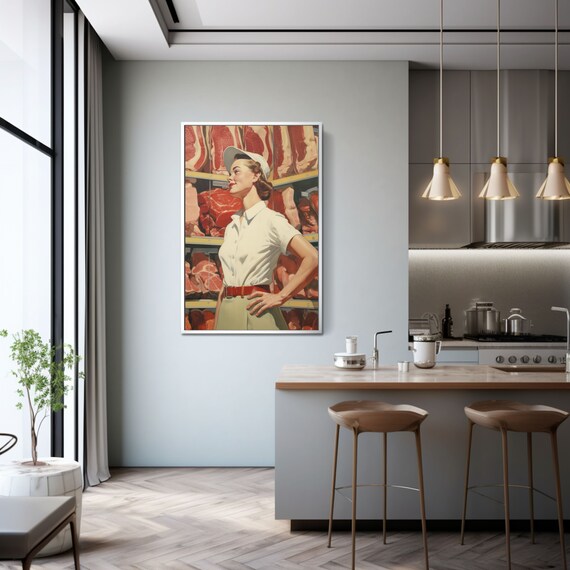 Retro 1950s Butcher Girl Meat Market Vintage Illustration Poster