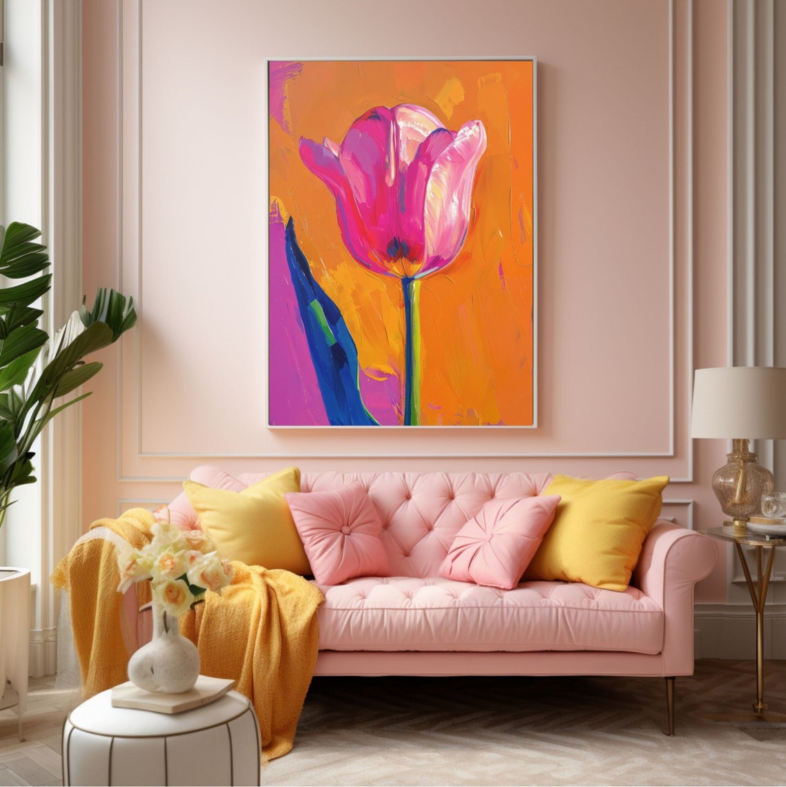 Bold Pink Tulip Oil Painting Style on Orange Background Poster