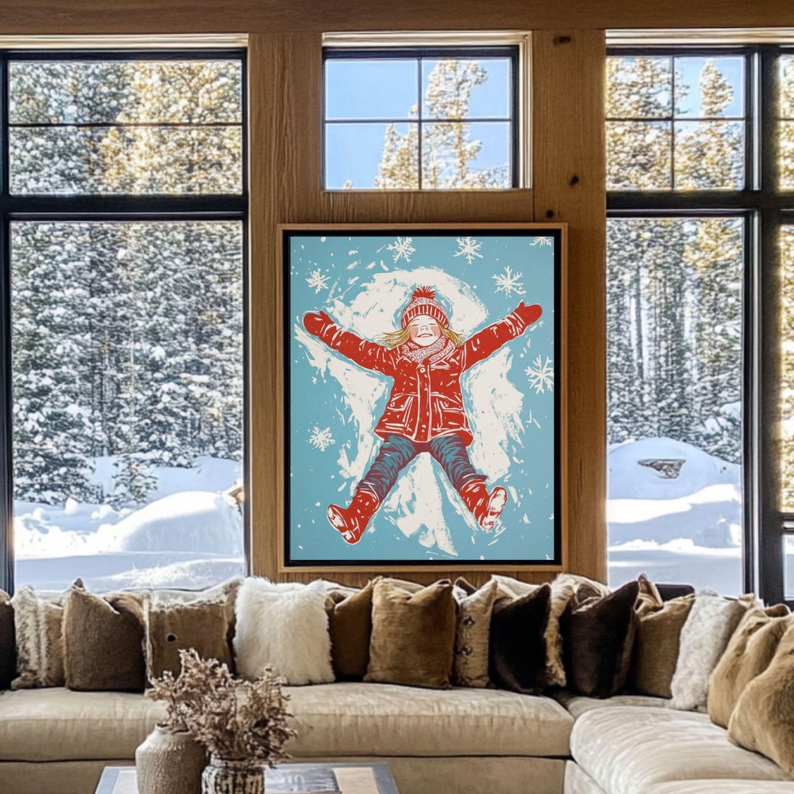 Joyful Retro Child Making Snow Angel in Red Snowsuit Winter Poster
