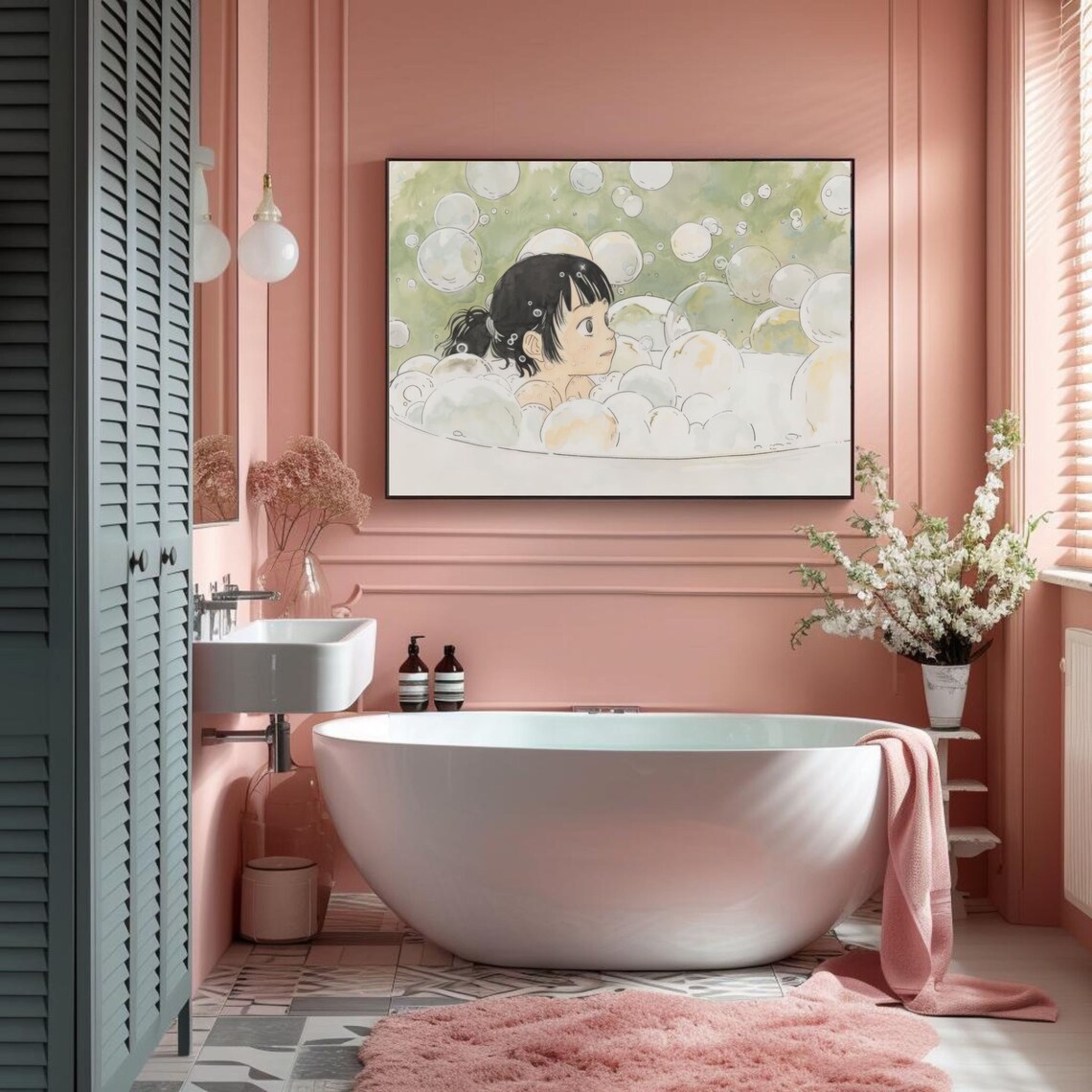 Anime Girl Relaxing in a Bubble Bath Kawaii Watercolor Bathroom Poster