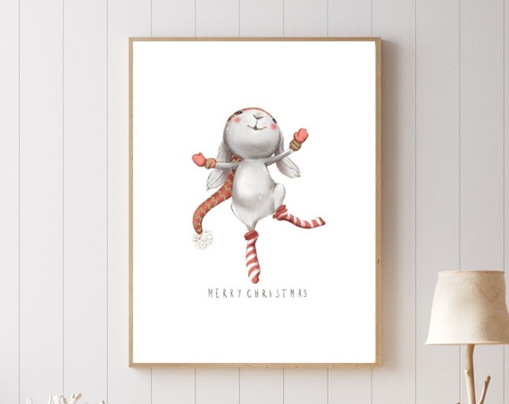 Merry Christmas Print Happy Holidays Art Cute Animal Seasonal Decor Christmas Nursery Art Woodland Bunny Print Pdf