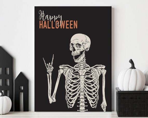 Happy Halloween Rock On Skeleton on Black Spooky Decor Poster