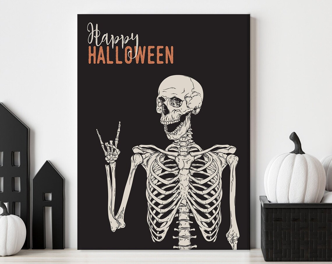 Happy Halloween Rock On Skeleton on Black Spooky Decor Poster
