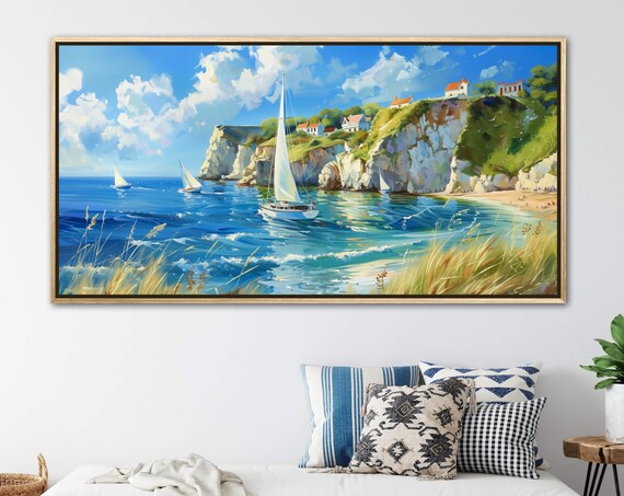 Rustic Breeze At Sea Sailboat And Seaside Painting Print Abstract Nautical Artwork For Coastal Decor Or A Hallway Wall Art