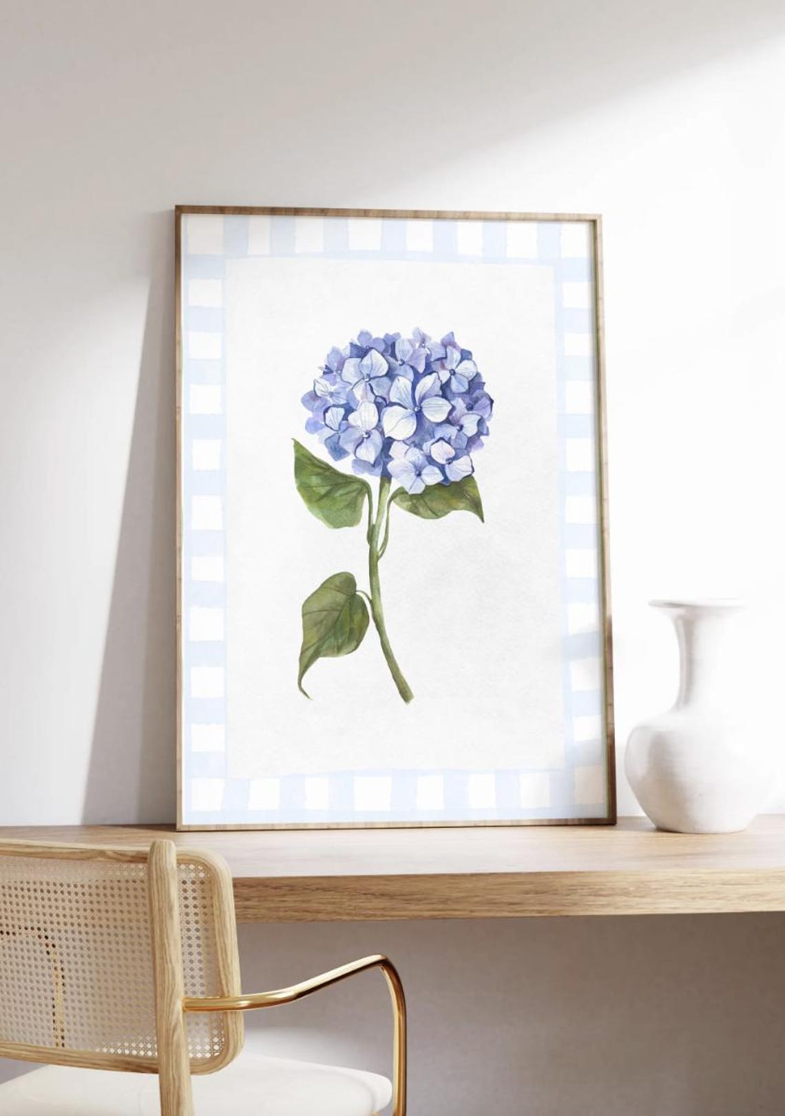 Blue Hydrangea Botanical Watercolor Print with Pastel Check Border