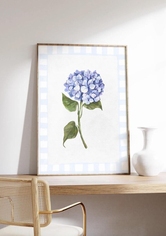 Blue Hydrangea Botanical Watercolor Print with Pastel Check Border