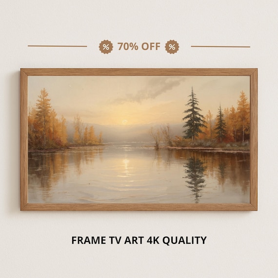 Autumn Lake Sunset Reflection Golden Trees Samsung Frame TV Art Print