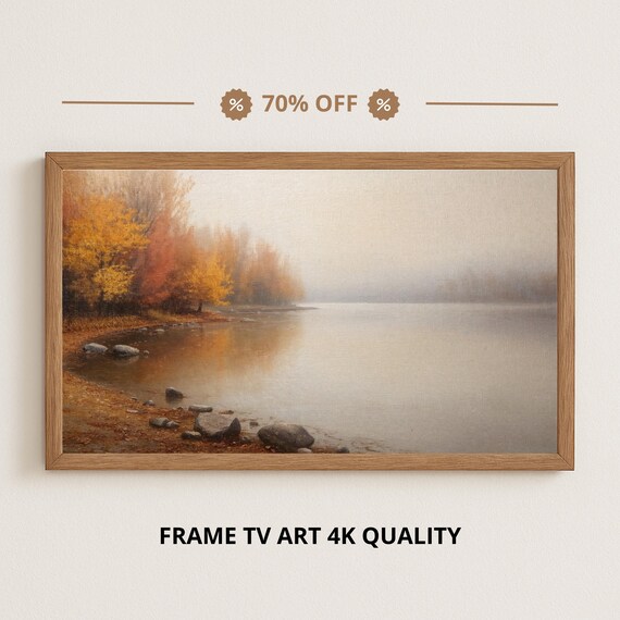 Misty Autumn Lakeshore with Golden Trees Samsung Frame TV Art Fall Print