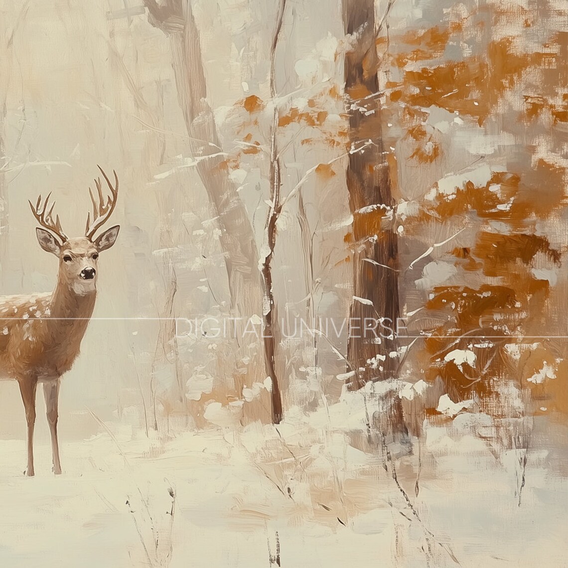 Stag Deer in Snowy Winter Forest Moody Oil Painting Wall Art - Image 3
